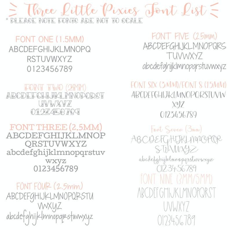 May include: A pink and white graphic with the text "Three Little Pixies Font List" and a list of different fonts in various sizes. The fonts are shown in uppercase and lowercase letters, as well as numbers.