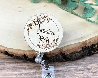 Wood Badge Reel, Floral Engraved Nurse ID, Personalized Retractable | Baltic Birch | 1.25" Diameter, 34" Cord