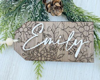 Personalized Stocking Tag - Christmas Stocking Name Tag - Custom Beaded Wooden Gift Tag - Engraved Stocking Name Tags - Personalized Tag