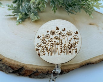 Wood Badge Reel - Wildflower Badge Reel - Minimalistic Badge Reel - Flower Garden Badge Reel