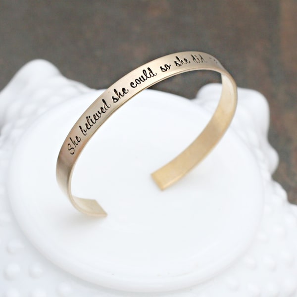 She Believed She Could So She Did Gold Bracelet - Inspirational Saying Gold Cuff Bracelet - Graduation Gift for Her Bracelet- Personalized