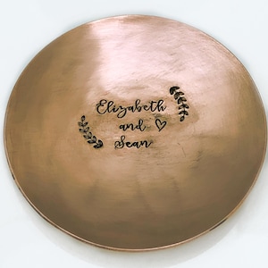 Copper Ring Dish, Personalized Trinket, 7th Anniversary Gift - Engagement Keepsake, 3" With Names, Rustic Patina image 1