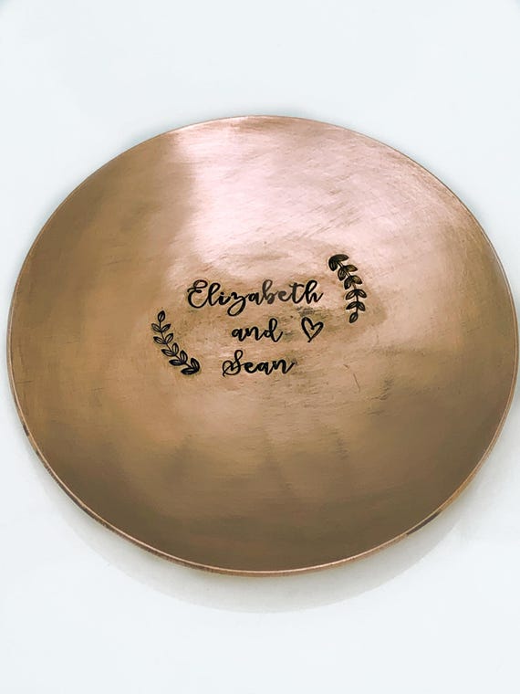 Copper Ring Dish, Personalized Trinket, 7th Anniversary Gift - Engagement Keepsake, 3" With Names, Rustic Patina