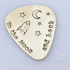 Unique Valentines Day Gift - Personalized Guitar Pick -  Brass Guitar Pick -  Music Lovers - Gift for Him - Dad Gift - Moon and Back