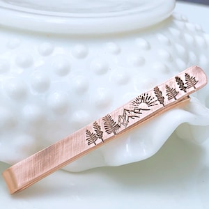 Mountain Tie Bar - Men&#39;s Rustic Copper Tie Bar - Nature Scene Tie Bar - Tree Tie Bar - Forrest Tie Bar - Stamped Tie Clip - Copper Tie Bar