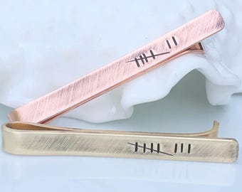 Tally Mark Tie Bar, Rustic Personalized Accessory, Anniversary Gift For Husband - Bronze, 2.5", 16g