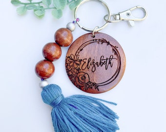 Floral Name Keychain - Beaded Tassel Keychain - Personalized Keychain - New Driver Gift - Boho Keychain