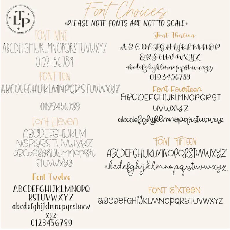 May include: A digital font selection chart featuring eight distinct black typeface styles labeled Font Nine through Font Sixteen, including uppercase and lowercase letters and numbers, with the text Font Choices and Please note fonts are not to scale.