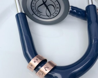 Stethoscope ID Tag, Hand Stamped Veterinarian Name Band - Double Wrap, Aluminum Sterling Silver Copper Brass