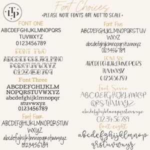 May include: A digital chart titled Font Choices displaying eight distinct black typeface styles on a light background. Each option includes uppercase letters, lowercase letters, and numbers from zero to nine. The text states: Please note fonts are not to scale.
