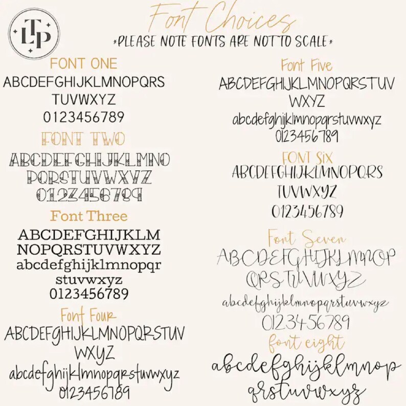 May include: A digital chart titled Font Choices displaying eight distinct black typeface styles on a light background. Each option includes uppercase letters, lowercase letters, and numbers from zero to nine. The text states: Please note fonts are not to scale.