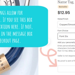 May include: A copper name tag with a smooth finish for a nurse's graduation gift. The tag is personalized with the name "Sean" and the date "8.8.11". The tag is shown on a blue stethoscope. The listing includes a text box for entering personalization, with a character limit of 12.