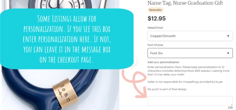May include: A copper name tag with a smooth finish for a nurse's graduation gift. The tag is personalized with the name "Sean" and the date "8.8.11". The tag is shown on a blue stethoscope. The listing includes a text box for entering personalization, with a character limit of 12.