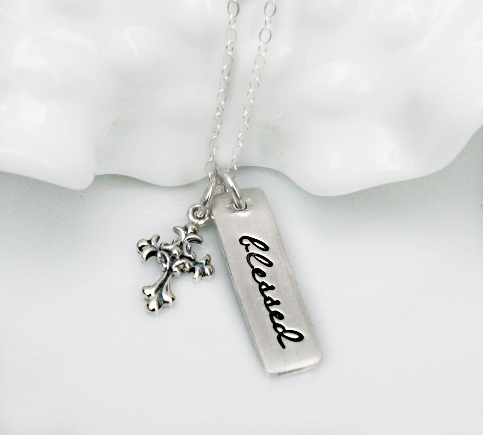 Blessed Necklace Christian Jewelry Inspirational Jewelry Hand Stamped Necklace Sterling Silver Gift for Friend Cross Necklace