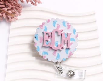 Nurse Badge Reel, Baby Feet Scalloped ID Holder | Acrylic | 2 Inch, Pink/Blue - L&D, NICU, OB, Pediatrics