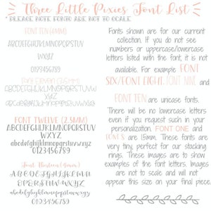 May include: A list of fonts in various sizes, with the names and sizes of each font listed. The fonts are shown in both uppercase and lowercase letters, along with numbers. The text also states that the fonts are not to scale and that the images are for illustrative purposes only.