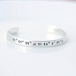 Silver Coordinate Bracelet - GPS Coordinate Bracelet - Silver Cuff Bangle - Latitude Longitude Location Jewelry - Bridesmaid Gift