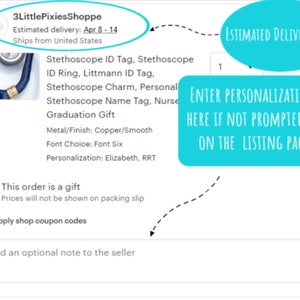 May include: A blue stethoscope with a copper name tag that says "Elizabeth, RRT". The tag is attached to the stethoscope with a silver ring. The text "Enter personalization here if not prompted to on the listing page" is written in white text on a turquoise background.