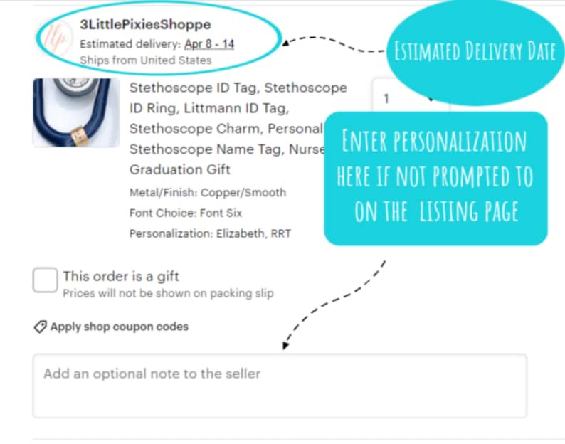 May include: A blue stethoscope with a copper name tag that says "Elizabeth, RRT". The tag is attached to the stethoscope with a silver ring. The text "Enter personalization here if not prompted to on the listing page" is written in white text on a turquoise background.