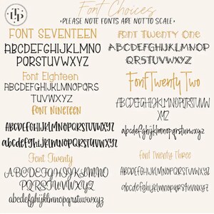 May include: A digital chart displaying font choices labeled Font Seventeen through Font Twenty Three. Each section features the alphabet in uppercase and lowercase letters in various styles. The text reads Font Choices and Please note fonts are not to scale.