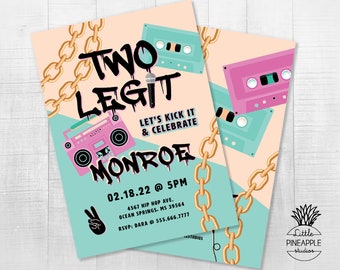 May include: Two Legit Monroe party invitations with a retro 80s hip-hop theme. The design features a pink boombox, cassette tapes, and gold chain accents. The text includes the date, time, and location of the event.
