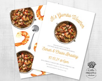 May include: Baby shower invitation featuring a watercolour illustration of gumbo and prawns. The invitation reads "It's Gumbo Weather" and includes details for Sarah & Chase Bradley's baby shower, with a pineapple logo in the corner.