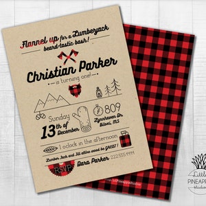 May include: A rustic invitation with a lumberjack theme. The invitation features the text "Flannel up for a Lumberjack beard-tastic bash!" and "Christian Parker is turning one!" The back of the invitation has a red and black plaid pattern.