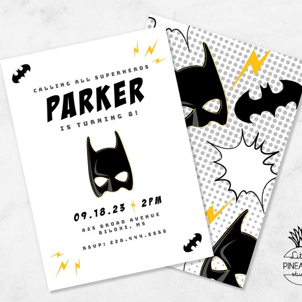 Bat-Man, Super Hero, minimalist Birthday Party Invite I EDIT, YOU PRINT