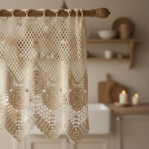 Puede incluir: Panel de cortina de ganchillo color crema con un patrón circular decorativo en el borde inferior. La cortina cuelga de una barra de madera, añadiendo un toque de encanto rústico a la cocina. El tejido abierto permite el paso de la luz.