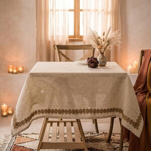 Cotton Linen Tablecloth, Rustic European Jute Lace Trim, Rectangular Dining Decor