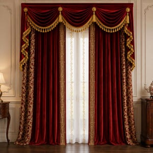 May include: Deep red velvet curtains featuring a decorative gold tasseled valance and side panels with an intricate gold damask pattern. The set includes sheer white inner curtains with vertical gold embroidery, creating a layered window treatment.