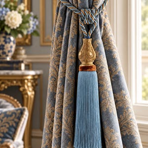 May include: A blue and gold damask curtain held back by a decorative tassel tieback. The tieback features a braided blue and gold cord, a carved gold-toned ornament with a brown velvet band, and a long, straight light blue fringe tassel.
