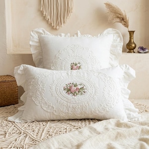 White Cotton Pillow Cover, Pink Floral Embroidery, French Chic Lace Cushion