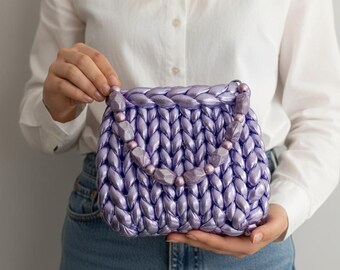 Metallic Purple Marshmallow Bag – Trendy Chunky Knit Bag, Puffy Shoulderbag
