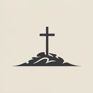 May include: A black cross silhouette atop a stylized mound, set against a cream-colored background. The cross is a simple, solid shape, and the mound has a flowing, organic form. The image has a minimalist, graphic design aesthetic.