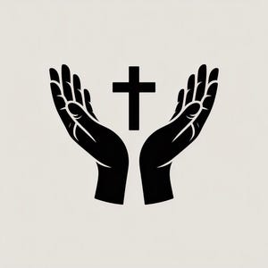 Könnte beinhalten: Schwarz-weiße Grafik von zwei Händen, die ein christliches Kreuz umfassen. Die Hände sind geöffnet und nach oben gerichtet, mit dem Kreuz in der Mitte. Das Bild hat ein einfaches, minimalistisches Design.