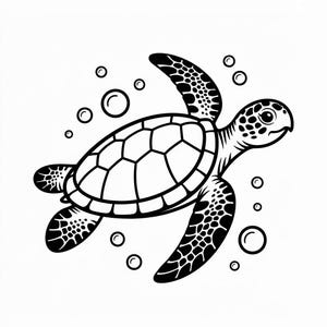 Puede incluir: Ilustración en blanco y negro de una tortuga marina nadando con burbujas. La tortuga tiene un caparazón y aletas estampadas, con una cabeza detallada y una expresión sonriente. Las burbujas son de varios tamaños.