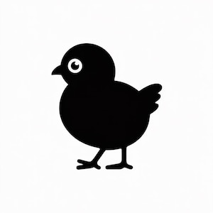 Puede incluir: Silueta negra de un pollito sobre fondo blanco. El pollito está de perfil, con un cuerpo redondo, alas pequeñas y patas diminutas. Tiene una cabeza redonda con un ojo blanco y un pico pequeño.