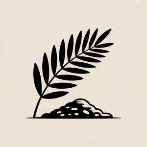 Könnte beinhalten: Schwarz-weiße Illustration eines Farnblattes und eines kleinen Hügels. Das Farnblatt ist nach links abgewinkelt, mit langen, schlanken Blättern. Der Hügel befindet sich am Fuß des Blattes und hat ein strukturiertes Aussehen. Der Hintergrund ist einfarbig hellbeige.