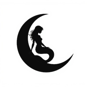 May include: A black silhouette of a mermaid sitting on a crescent moon against a white background. The mermaid has long flowing hair and a fishtail. The moon is curved and has a smooth surface.