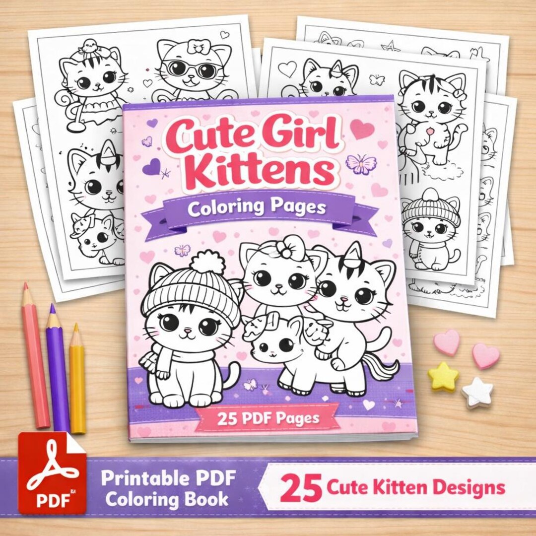 25 Cute Kitten Coloring Pages Printable PDF | Kawaii Cat Coloring Book ...