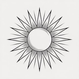 May include: A black and white sunburst design. The sun's center is a solid circle, surrounded by radiating lines and sharp, pointed rays. The design is symmetrical and graphic, with a vintage or retro aesthetic.