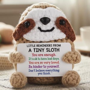 Handmade Crochet Tiny Sloth Plush | Amigurumi Sloth Figure | Kawaii Motivational Animal | Positive Mini Desk Decor | Mental Health