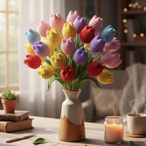 Könnte beinhalten: Ein Strauß bunter gehäkelter Tulpen in einer cremefarbenen und braunen Vase. Die Tulpen sind in verschiedenen Farben, darunter Rot, Gelb, Rosa, Lila und Blau. Der Text "20PCS" ist zu sehen. Der Strauß steht auf einem Holztisch.