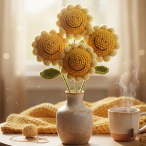 Handmade Crochet Sunflower Stem Plush | Amigurumi Floral Decor | Cheerful Tall Sunflower Bouquet | Kawaii Home Ornament | Motivational gift