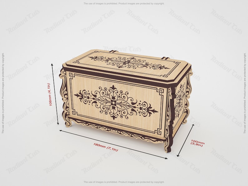 May include: A decorative wooden chest with ornate floral and scrollwork designs. The chest is light brown with dark brown accents and measures 7.1 inches long, 3.9 inches wide, and 4.1 inches high.