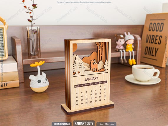 2026 Desktop Calendar Laser Cutting Files, 6 Layers Calendar Laser Cutting Cdr, Dxf, Pdf, Svg Files #106
