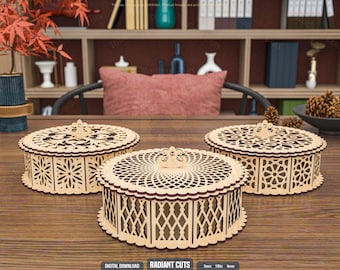 3 Different Decorative Round Box Laser Cutting Files, Gift Box Laser Cutting Cdr, Dxf, Pdf, Svg Files #123