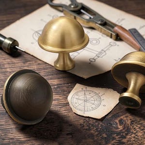 Puede incluir: Primer plano de tres pomos de armario de latón con forma de hongo sobre una superficie de madera. Un pomo tiene un acabado oscuro, los otros dos tienen un acabado dorado brillante. Una rosa de los vientos y herramientas vintage en el fondo.