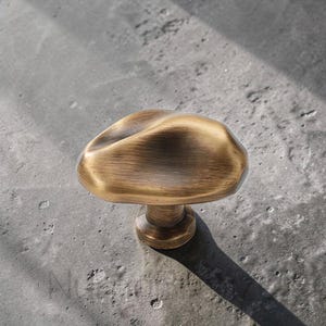 Puede incluir: Un pomo de armario de color bronce con una forma orgánica única. El pomo tiene una parte superior redondeada y texturizada, y se asienta sobre una base cilíndrica corta. Este herraje para muebles está diseñado para añadir un toque de elegancia. Mide unos 5 cm de diámetro.